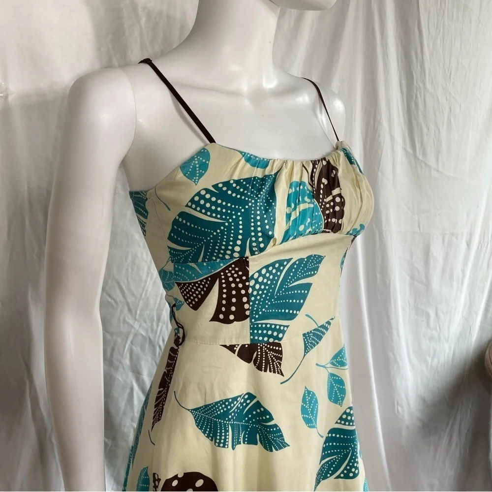 Ruby Rox Retro Y2K Strappy Fit & Flare Teal Brown Leaf Print Dress